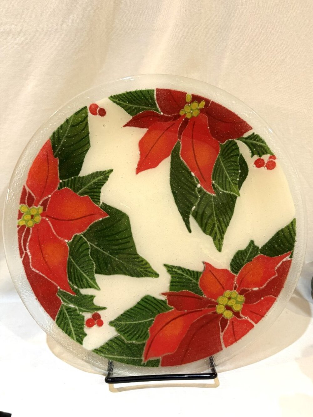 Peggy Karr Fused Glass Plate 11.25" Signed Christmas Holiday Poinsette